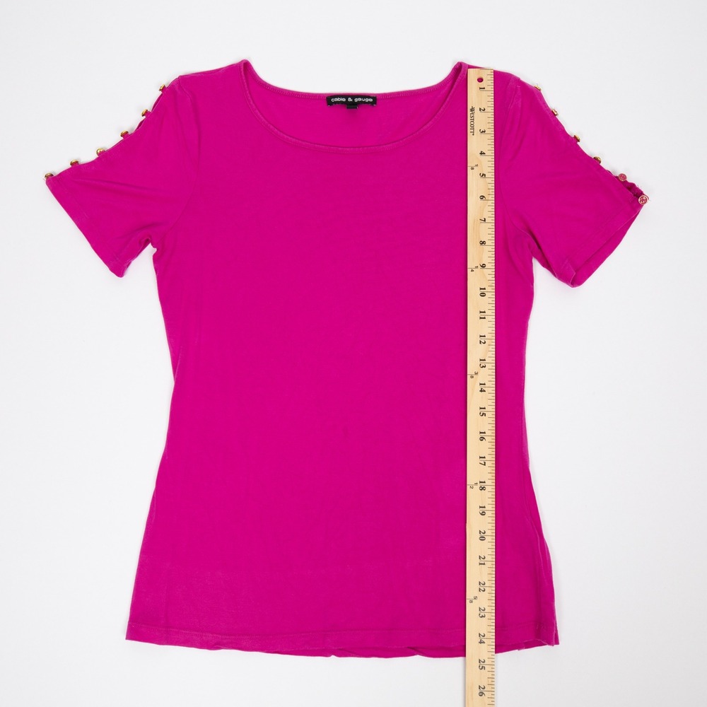 Cable & Gauge Button Sleeve Top Crew Neck Knit Tee Shirt Fuchsia M - Picture 8 of 12